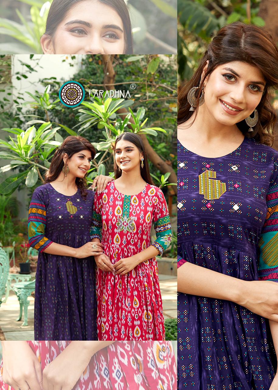 Aradhna Ikat 2 Heavy Rayon Designer Printed  Anarkali Long Kurti Collection